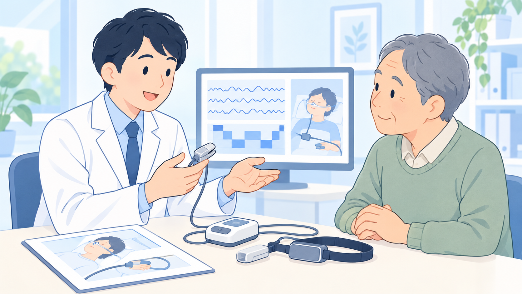 睡眠検査の説明を受ける高齢の患者