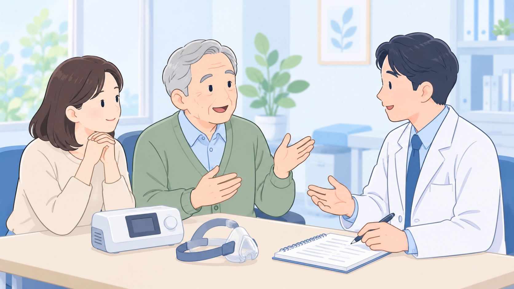 治療と通院の支援を医師へ相談する本人と家族
